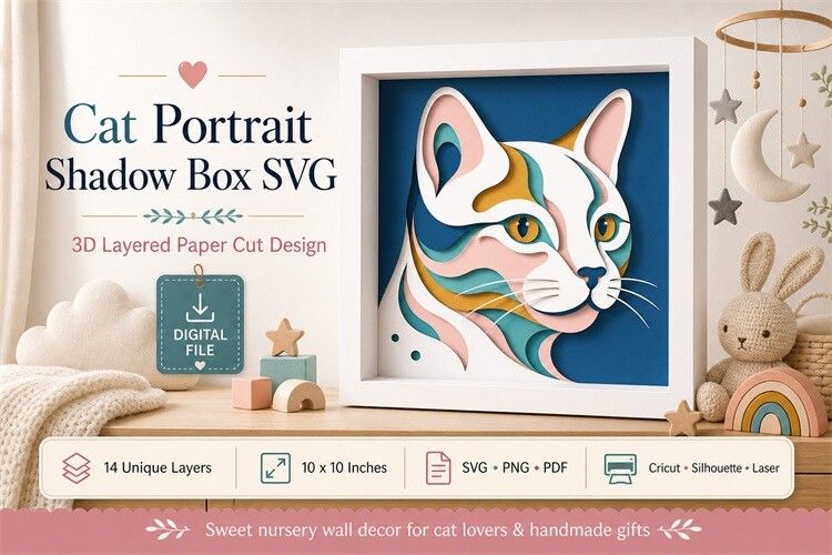 Cat Portrait Shadow Box Svg