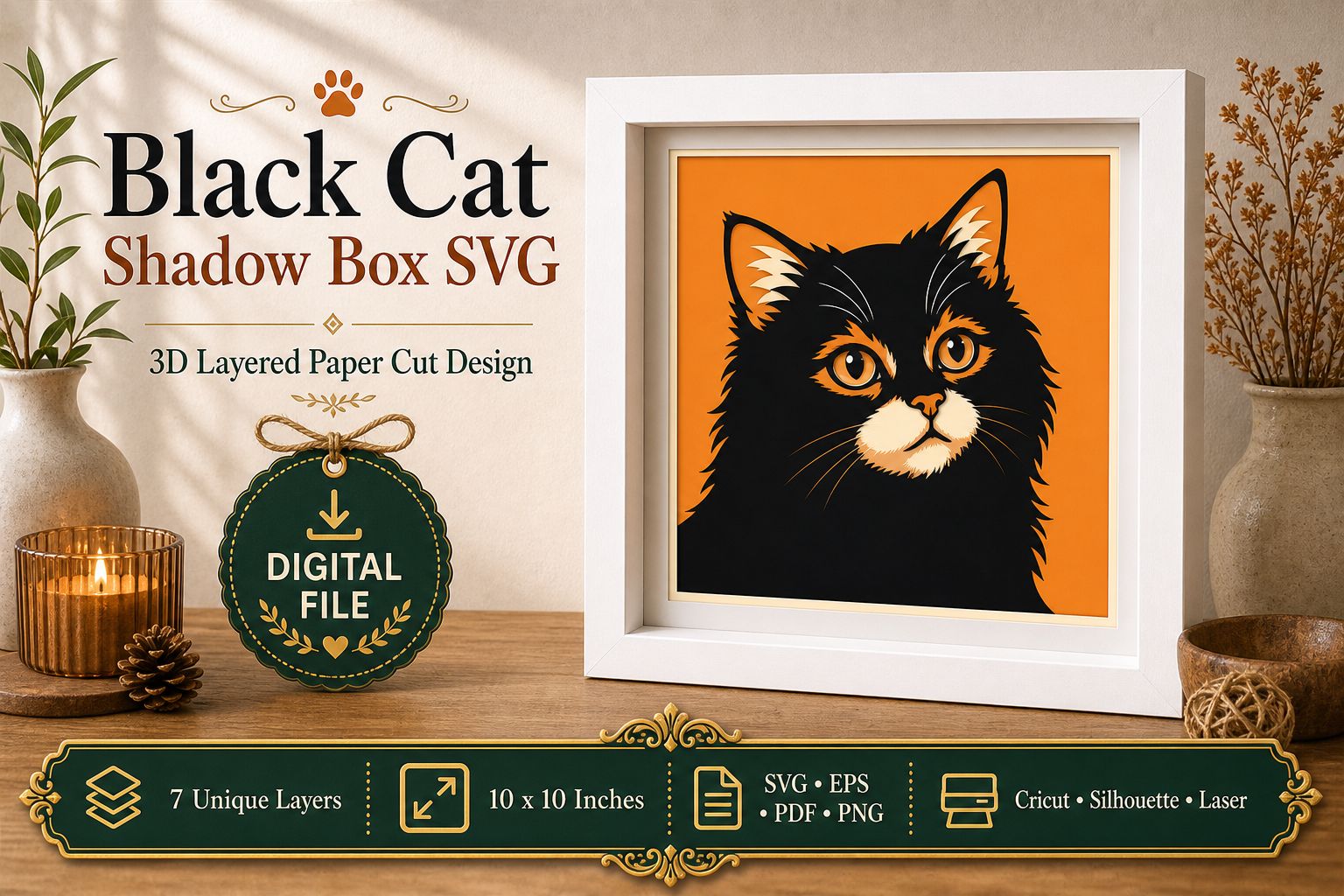 Black Cat Shadow Box Svg Design
