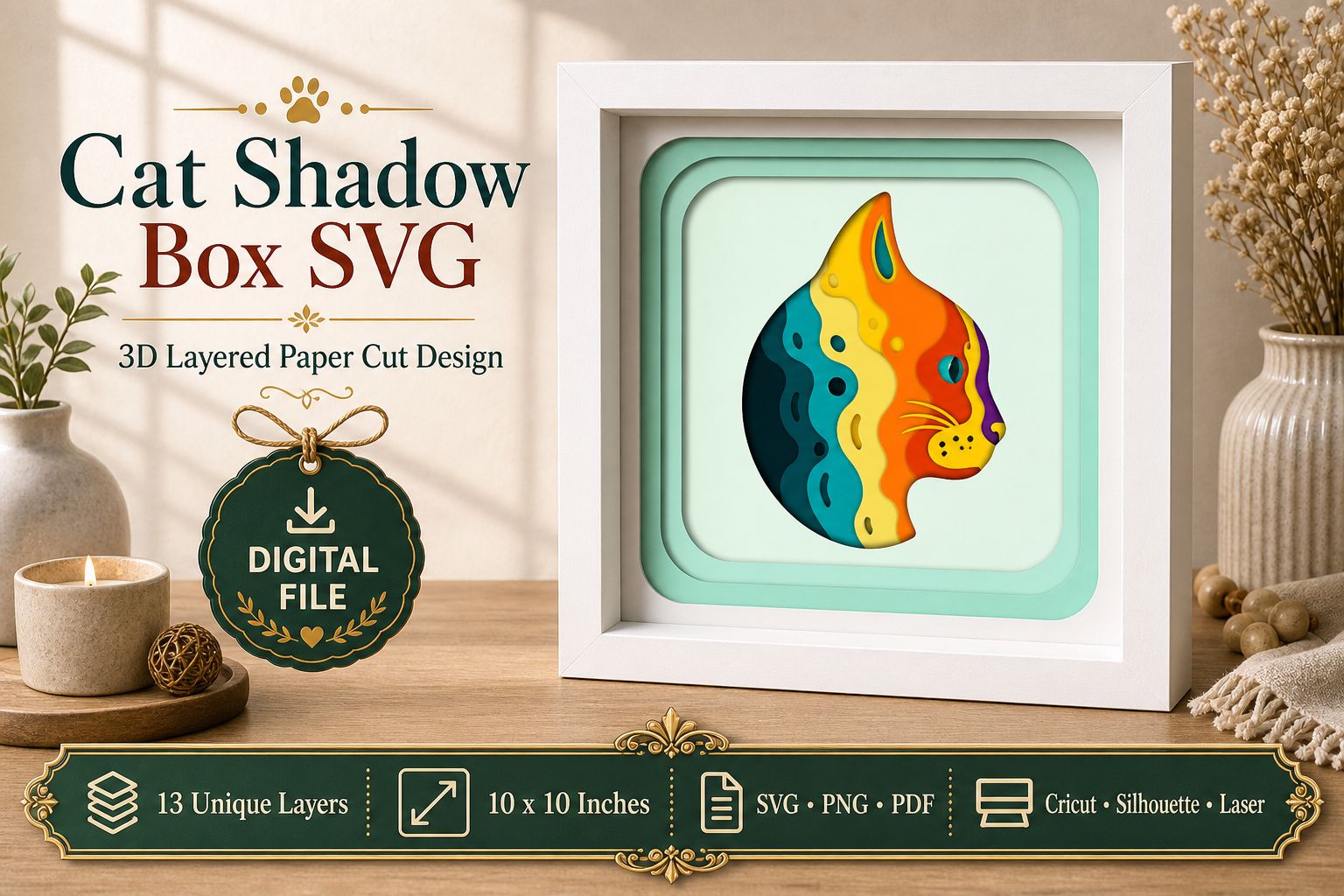 Colorful Cat Shadow Box Layered Paper