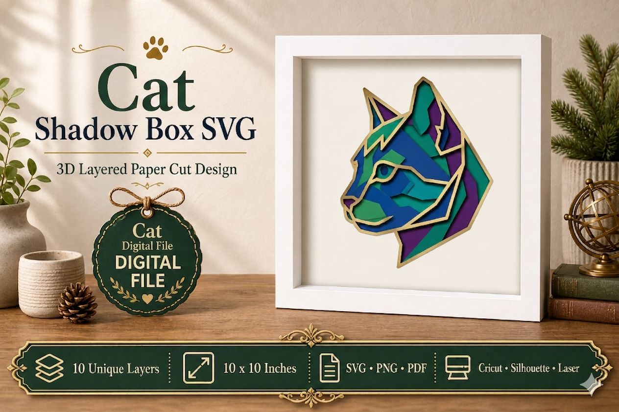 Geometric Cat Head Shadow Box