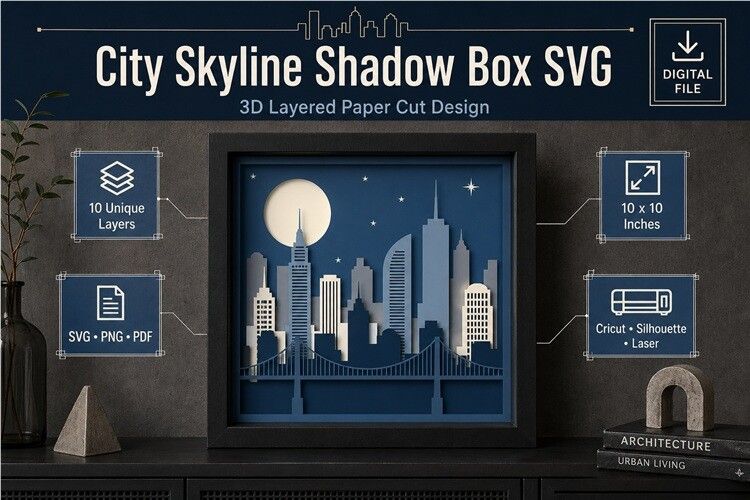 City Skyline Shadow Box Blue