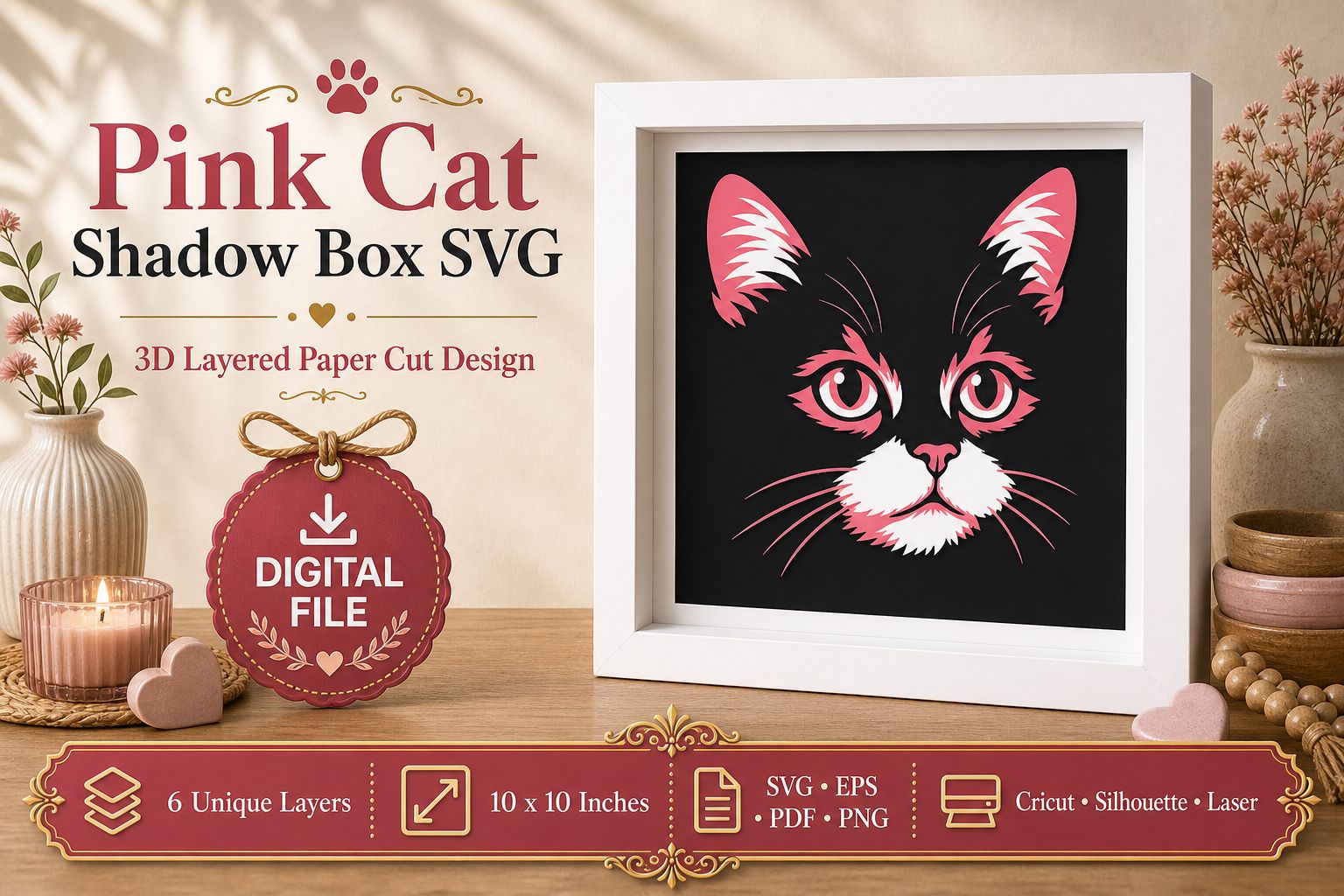 Pink Cat Shadow Box Svg