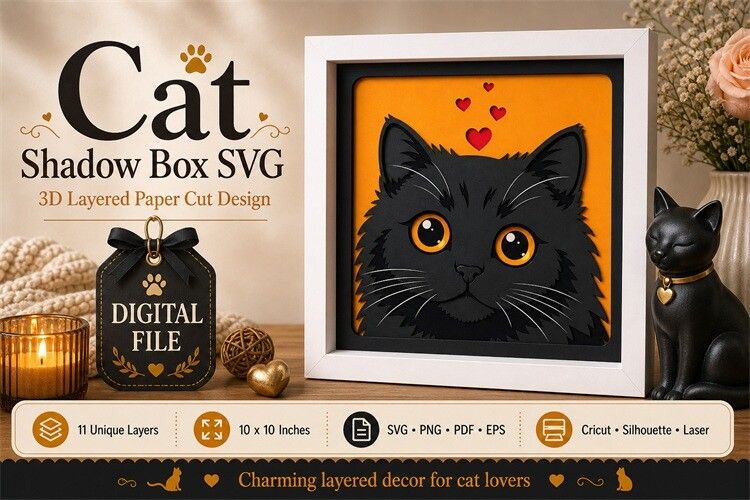Shadow Box Cat Vector Art Framed Wall